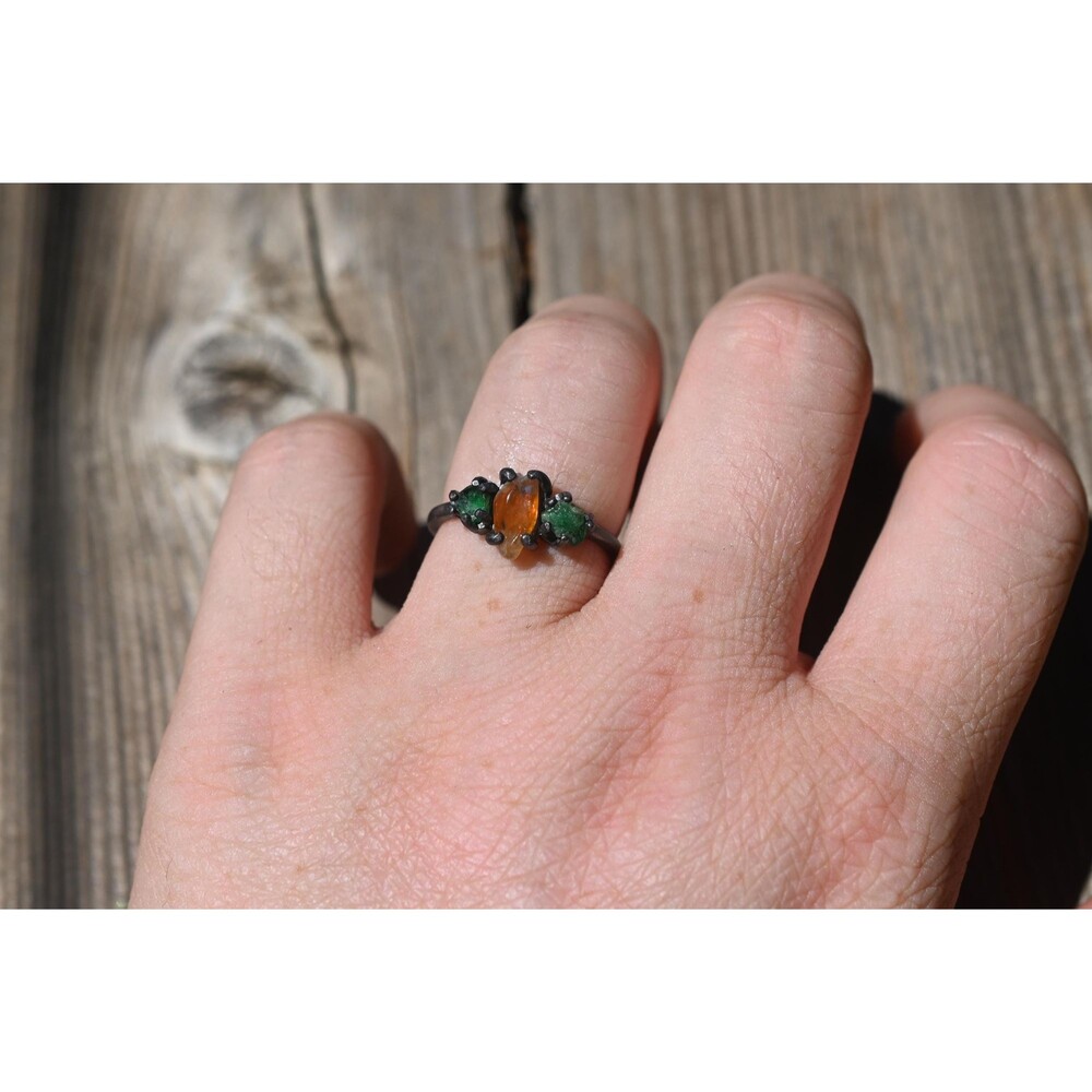 Handcrafted Emerald and Citrine Ring in Dark Silver Band – Unique Bohemian Gemst - Picture 1 of 4